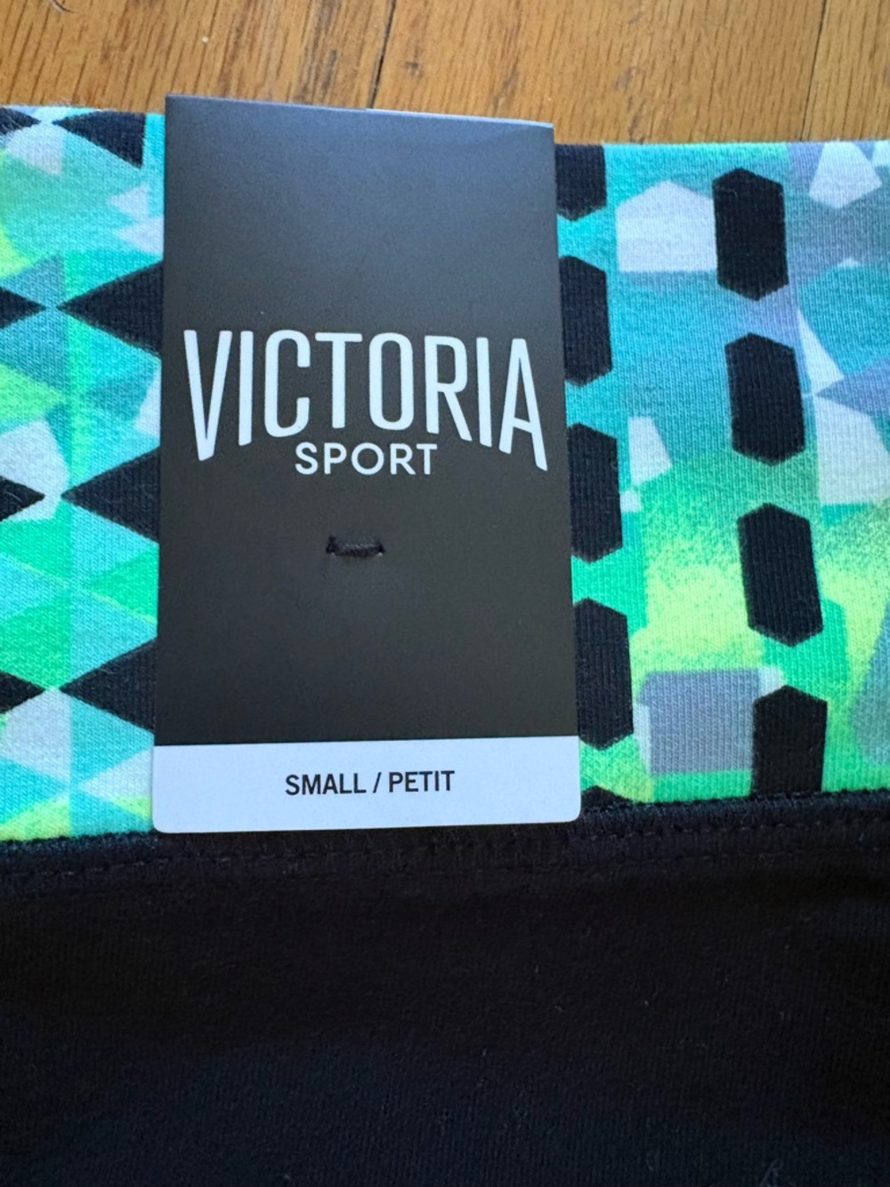 NWT- Victoria Sport Black Leggings with Teal Geometric Fold-Over Waistband - Picture 2 of 5